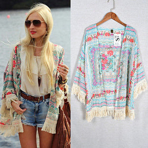 Retro Boho Floral Lace Cardigan Tassel Hippie Kimono Top Blouse New summer Beachwear Cover up