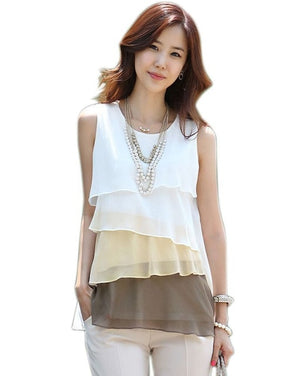 New Spring Summer Style Ruffles Tiered Blusas Multi Colors Blouse Sleeveless Shirt Tops O-Neck Shirt