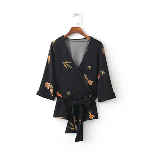 New Euro Fashion 2017 Women Vintage Retro V Collar Flower Printed Black Kimono Blouses Shirt Sashes Feminina Blusas Shirts Tops