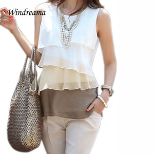 New Spring Summer Style Ruffles Tiered Blusas Multi Colors Blouse Sleeveless Shirt Tops O-Neck Shirt