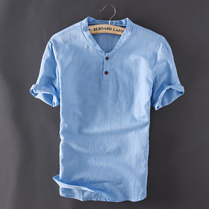 Mens Pullover Linen Shirts Short Sleeve Summer Breathable Mens Quality Casual Shirts Slim fit Solid Cotton Shirts Men TS-150