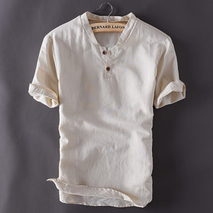 Mens Pullover Linen Shirts Short Sleeve Summer Breathable Mens Quality Casual Shirts Slim fit Solid Cotton Shirts Men TS-150