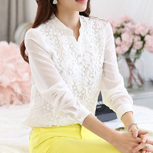 2017 New Arrival Women Lace Blouse Long sleeve Beading Crochet White Chiffon Shirt Plus size loose blusas 60B6