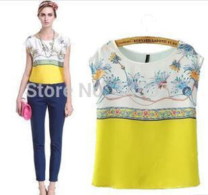 2015 Brand design Women fresh floral print blouse elegant za women silk o-neck shirt color matching casual loose blusas