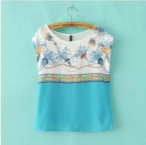 2015 Brand design Women fresh floral print blouse elegant za women silk o-neck shirt color matching casual loose blusas