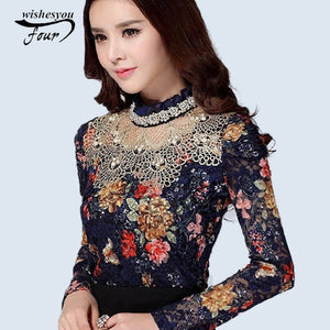 NEW 2017 Women Floral Lace fashion casual girl blouse Diamond beaded lace shirt Female Tops women clothes 3115 25