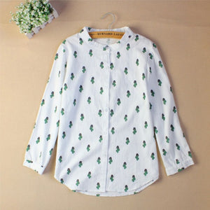 Women Fashion Blouses Long Sleeve Sweet  Shirts Cactus Printed Stand Collar Casual Leisure Tops  Blusas