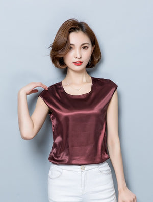 BIBOYAMALL Women Blouses 2017 Casual OL Silk Blouse Loose Sleeveless Work Wear Blusas Feminina Tops Shirts Plus Size Pink Red