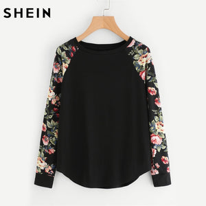 SHEIN Floral Raglan Sleeve Curved Hem Womens Tee Shirts Autumn Womens T shirts Casual Ladies Black Long Sleeve T shirt