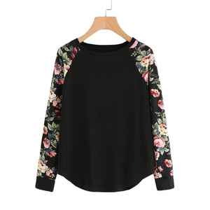 SHEIN Floral Raglan Sleeve Curved Hem Womens Tee Shirts Autumn Womens T shirts Casual Ladies Black Long Sleeve T shirt