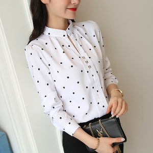 BIBOYAMALL Polka Dot White Blouse Women Tops New Fashion Casual V-neck Long Sleeve Shirt Women's OL Work Blouses Femme Blusa