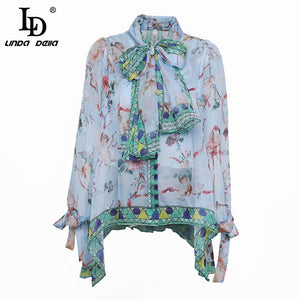 LD LINDA DELLA Floral Print Blouse Summer Women's Long sleeve Bow Collar Casual Shirt High Quality Chiffon Tops female