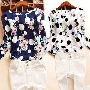 Lady's Polka Dots Floral Printed Shirts O-neck Long Sleeve Casual Tops Blouse