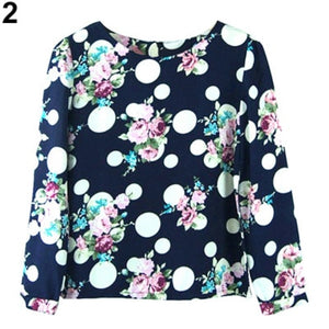 Lady's Polka Dots Floral Printed Shirts O-neck Long Sleeve Casual Tops Blouse