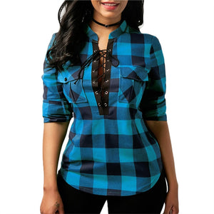 Women Plaid Shirts 2018 Spring Long Sleeve Blouses Shirt Office Lady Cotton Lace up Shirt Tunic Casual Tops Plus Size Blusas