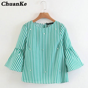 2018 New women elegant pearls beading striped shirt flare sleeve O neck Blouses ladies summer brand casual tops Tees blusas