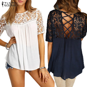 Lace Crochet Splice Shirts 2018 ZANZEA Women Blouses O Neck Short Sleeve Hollow Out Casual Loose Blusas Sexy Tops Plus Size