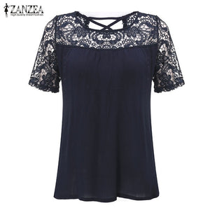 Lace Crochet Splice Shirts 2018 ZANZEA Women Blouses O Neck Short Sleeve Hollow Out Casual Loose Blusas Sexy Tops Plus Size