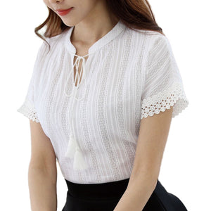 Foxmertor 100% Cotton Shirt Short Sleeve 2018 Summer Women Blouses Tops Solid Casual Lace Hollow Out White Shirts OL Blusas E225