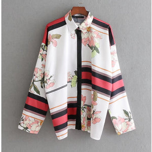 women vintage hit color striped flower print kimono shirt blouse elegant chic long sleeve femininas casual loose blusa LS1814