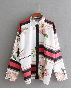 women vintage hit color striped flower print kimono shirt blouse elegant chic long sleeve femininas casual loose blusa LS1814