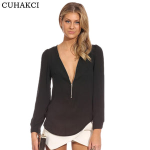 CUHAKCI Women Blouse Shirts 2018 Elegant Women Tops Deep V Neck Plus Size Long Sleeve Solid Casual Shirt Blusas Feminina