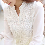 2017 New Arrival Women Lace Blouse Long sleeve Beading Crochet White Chiffon Shirt Plus size loose blusas 60B6