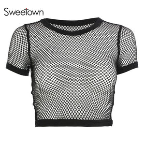 Sweetown 2018 Sexy Women See Through Mesh Fishnet Tee Black Perspective Bodycon Short Sleeve Crop Tops Hollow Out Beach T Shirt