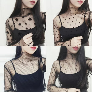 Ruoru Women Sexy Harajuku Mesh Net See Through T Shirt Hollow Transparent Undershirt Star Base Top Camisas Femininas Clubwear