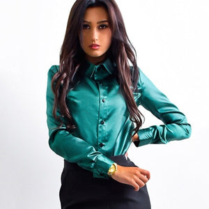 2018 New Women Office work shirts female elegant high quality silk satin long sleeve button lapel Party blouse Tops