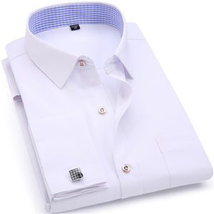 Men's Dress Shirts French Cuff Blue White Long Sleeved Business Casual Shirt Slim Fit Solid Color French Cufflinks Shirt