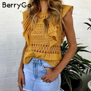 BerryGo Elegant ruffle sleeveless lace blouse women O neck transparent white blouse shirt Sexy hollow out summer tank top