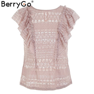 BerryGo Elegant ruffle sleeveless lace blouse women O neck transparent white blouse shirt Sexy hollow out summer tank top