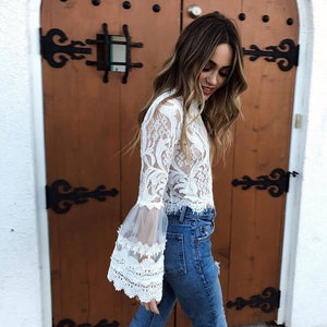 2018 New style Fashion Summer bell sleeve laced crop tops sexy o-neck white blouses ladies casual shirts