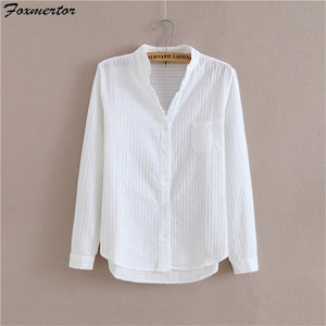 Foxmertor 100% Cotton Shirt White Blouse 2018 Spring Autumn Blouses Shirts Women Long Sleeve Casual Tops Solid Pocket Blusas #06