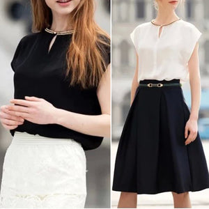 Office Lady Chiffon Blouse 2018 Summer Short Sleeve Black White Blouse Top Shirt  O Neck Line Work Wear Tops