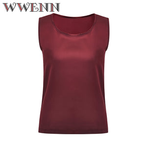 WWENN Casual Tops Summer Silk Blouse Women Shirt Sleeveless O-Neck Blouse Casual Shirt Office Tops Blusas Camicetta donna