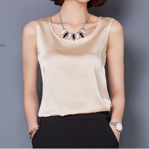 WWENN Casual Tops Summer Silk Blouse Women Shirt Sleeveless O-Neck Blouse Casual Shirt Office Tops Blusas Camicetta donna