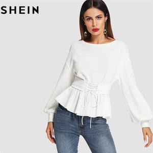 SHEIN Beige Long Lantern Sleeve Lady Work Elegant Blouses Fashion 2018 Spring Autumn Corset Belt Pleated Hem Solid Tops Clothing