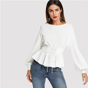 SHEIN Beige Long Lantern Sleeve Lady Work Elegant Blouses Fashion 2018 Spring Autumn Corset Belt Pleated Hem Solid Tops Clothing