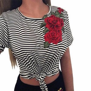 Feitong Summer Women Sexy Bare Midriff Striated Appliques Rose Short Sleeves Shirt Blouse European style Roupas Feminina