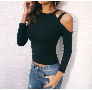 Women Sexy Knitted Cotton Long Sleeve Slim Fit Casual Top T-shirt Off Shoulder Black T Shirt 2018 Fashion O-neck Female Shirts