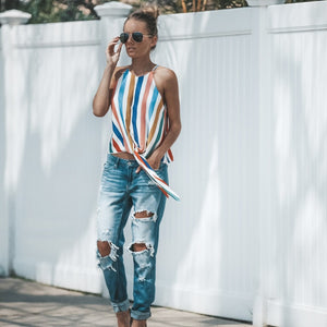 women chiffon blouse cute streetwear bow tie printed color striped shirt sleevelss blouse retro summer casual tops blusas