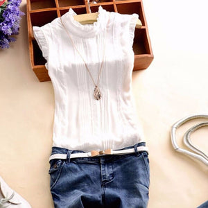 2018 Summer Style Vogue Women Ruffle Sleeve Neck Slim Fitted Shirts Casual Office Lady White Blouse Tops Tees