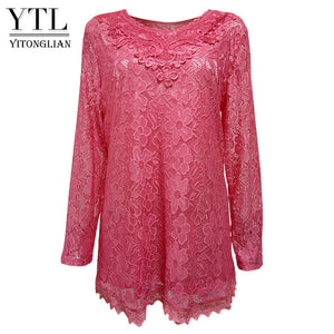 YTL Women Plus Size Retro Solid Pink Floral Lace Blouse Long Sleeve V Neck Crochet Tunic Top Ladies Shirts Tee 6XL 7XL 8XL H026