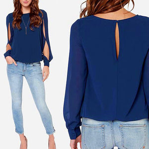 2018 European and American Style O-neck Round Neck Leisure Women Long Sleeve Solid Chiffon Shirt Loose Shirt Blouse