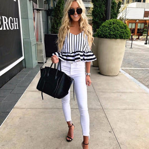 2018 New Fashion summer women chiffon blouses Sexy &Club striped sleeveless V-neck  printed shirts ladies loose tops