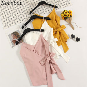 Korobov 2018 Summer V-neck Shirt Sleeveless Tops Waist Cross Lace-up Bow Tie Design Blouses Woman Sexy Irregular Shirts 35263