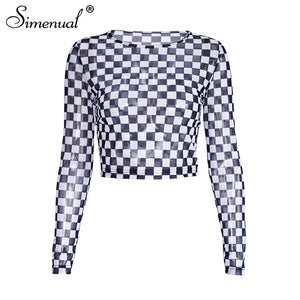 Simenual Hollow out sexy t-shirts for women black white plaid checkerboard slim corp top female t-shirt long sleeve tee shirts