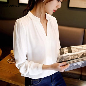 Spring Autumn Office Shirts Women V-Neck Tops Long Sleeve Casual Chiffon Blouse Female Ladies Work Wear Solid 3 Colors 6Q0564